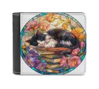 Jubonexis Portefeuille à deux volets en cuir synthétique souple avec motif chat noir et blanc endormi sur des livres, porte-monnaie, carte de crédit, porte-cartes fin pour homme et femme