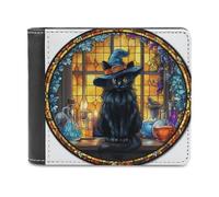 Jubonexis Portefeuille à deux volets en cuir synthétique souple avec motif chat noir portant un chapeau de sorcière, porte-monnaie, carte de crédit, porte-cartes pour homme et femme