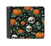 Jubonexis Portefeuille à deux volets en cuir synthétique souple avec motif citrouille et tête de mort, porte-monnaie, porte-cartes et carte de crédit, pour homme et femme