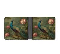 Jubonexis Portefeuille à deux volets en cuir synthétique souple avec motif de paon debout près d'un étang de lotus, porte-monnaie, carte de crédit, porte-cartes fin pour homme et femme