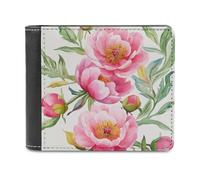 Jubonexis Portefeuille à deux volets en cuir synthétique souple avec motif de pivoines roses aquarelles, porte-monnaie, carte de crédit, porte-cartes fin pour homme et femme