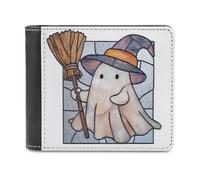 Jubonexis Portefeuille à deux volets en cuir synthétique souple avec motif fantôme mignon tenant un vieux balai, porte-monnaie, carte de crédit, porte-monnaie, portefeuille fin et durable pour hommes