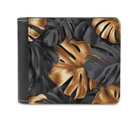 Jubonexis Portefeuille à deux volets en cuir synthétique souple avec motif feuilles de Monstera noir et cuivre, porte-monnaie, porte-cartes et porte-cartes pour homme et femme