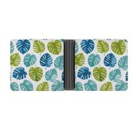 Jubonexis Portefeuille à deux volets en cuir synthétique souple avec motif feuilles de palmier monstera vert et bleu, porte-monnaie, porte-monnaie, porte-cartes et portefeuille fin pour homme et femme
