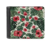 Jubonexis Portefeuille à deux volets en cuir synthétique souple avec motif fleurs d'hibiscus roses, feuilles de monstera vertes, porte-monnaie, carte de crédit, porte-cartes et portefeuille fin pour