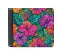 Jubonexis Portefeuille à deux volets en cuir synthétique souple avec motif fleurs tropicales, feuilles, hibiscus monstera, porte-monnaie, carte de crédit, porte-cartes, portefeuille fin pour homme et