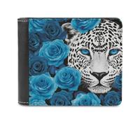 Jubonexis Portefeuille à deux volets en cuir synthétique souple avec motif léopard et roses bleues pour cartes de crédit, porte-monnaie pour homme et femme