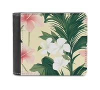 Jubonexis Portefeuille à deux volets en cuir synthétique souple avec motif orchidées blanches, hibiscus rose, porte-monnaie, carte de crédit, porte-cartes fin pour homme et femme