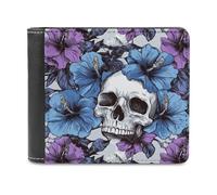 Jubonexis Portefeuille à deux volets en cuir synthétique souple avec motif tête de mort et fleurs d'hibiscus, porte-monnaie, carte de crédit, porte-cartes fin pour homme et femme