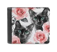 Jubonexis Portefeuille à deux volets en cuir synthétique souple avec motifs de chats et roses aquarelles, porte-monnaie, carte de crédit, porte-cartes, portefeuille fin pour homme et femme