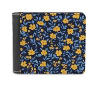 Jubonexis Portefeuille à deux volets en cuir synthétique souple avec petites fleurs jaunes avec feuilles bleues, porte-monnaie, carte de crédit, porte-cartes fin pour homme et femme