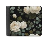 Jubonexis Portefeuille à deux volets en cuir synthétique souple avec roses blanches et feuilles d'eucalyptus - Porte-monnaie - Durable - Porte-cartes fin - Pour homme et femme