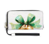 Jubonexis Portefeuille de Noël à deux volets en cuir synthétique avec deux cloches dorées et nœud en ruban vert - Porte-monnaie - Durable - Pour homme et femme