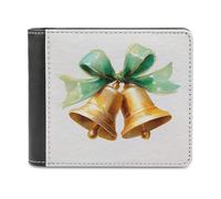 Jubonexis Portefeuille de Noël à deux volets en cuir synthétique souple avec deux cloches dorées et nœud en ruban vert, porte-monnaie, carte de crédit, porte-cartes fin pour homme et femme