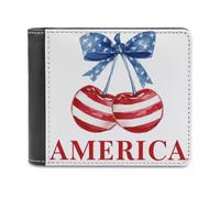 Jubonexis Portefeuille horizontal à deux volets en cuir synthétique souple avec motif cerises aquarelles, rayures blanches, rouges, porte-monnaie, carte de crédit, porte-cartes fin pour homme et femme