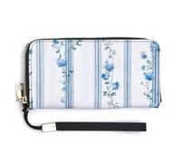 Jubonexis Portefeuille long à deux volets en cuir synthétique à rayures florales avec petits hortensias bleus et blancs, porte-monnaie, porte-monnaie, porte-cartes et argent pour homme et femme