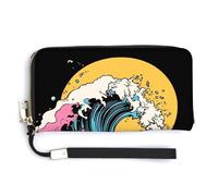 Jubonexis Portefeuille long à deux volets en cuir synthétique abstrait coloré vague de surf avec le soleil, porte-monnaie, carte de crédit, porte-cartes et argent pour homme et femme