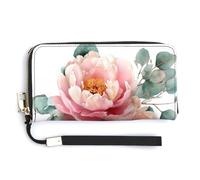 Jubonexis Portefeuille long à deux volets en cuir synthétique avec bouquet de pivoines roses aquarelle, porte-monnaie, carte de crédit, porte-cartes et argent pour homme et femme
