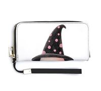 Jubonexis Portefeuille long à deux volets en cuir synthétique avec chapeau de sorcière fantôme mignon rose à pois pour pièces de monnaie, carte de crédit, stockage d'argent pour homme et femme