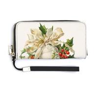 Jubonexis Portefeuille long à deux volets en cuir synthétique avec clochette blanche avec houx gui, porte-monnaie, carte de crédit, porte-cartes et argent pour homme et femme