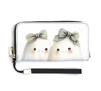 Jubonexis Portefeuille long à deux volets en cuir synthétique avec deux fantômes mignons avec nœuds verts pour pièces de monnaie, cartes de crédit, stockage d'argent pour homme et femme