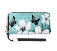 Jubonexis Portefeuille long à deux volets en cuir synthétique avec fleurs blanches et noires avec papillons pour pièces de monnaie, cartes de crédit, stockage d'argent pour homme et femme