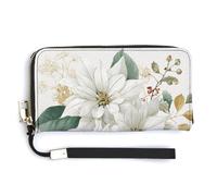 Jubonexis Portefeuille long à deux volets en cuir synthétique avec fleurs poinsettia blanches, cloches dorées, porte-monnaie, carte de crédit, porte-cartes et argent pour homme et femme
