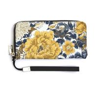 Jubonexis Portefeuille long à deux volets en cuir synthétique avec grandes fleurs jaunes et bleues, porte-monnaie, porte-cartes et argent pour homme et femme