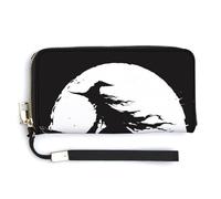 Jubonexis Portefeuille long à deux volets en cuir synthétique avec inscription « Full Moon A Witch Flying on Broom » pour pièces de monnaie, carte de crédit, porte-cartes et argent pour homme et femme