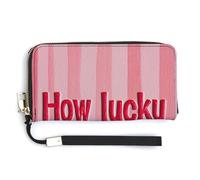 Jubonexis Portefeuille long à deux volets en cuir synthétique avec inscription « How Lucky are We » - Pour pièces de monnaie et cartes de crédit - Pour homme et femme - Rose rayé
