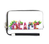 Jubonexis Portefeuille long à deux volets en cuir synthétique avec inscription « Peace and Flowers » - Pour pièces de monnaie et cartes de crédit - Pour homme et femme