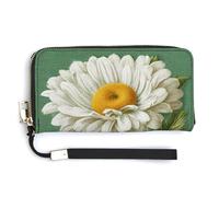 Jubonexis Portefeuille long à deux volets en cuir synthétique avec marguerite blanche avec feuilles vertes pour pièces de monnaie, cartes de crédit, stockage d'argent pour homme et femme