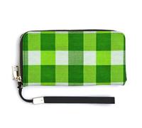 Jubonexis Portefeuille long à deux volets en cuir synthétique avec motif à carreaux vert gazon et blanc, porte-monnaie, porte-cartes et argent pour homme et femme