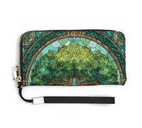Jubonexis Portefeuille long à deux volets en cuir synthétique avec motif arbre de vie vert vitrail pour pièces de monnaie, carte de crédit, stockage d'argent pour homme et femme