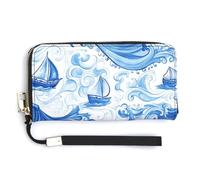 Jubonexis Portefeuille long à deux volets en cuir synthétique avec motif bateau bleu sur fond blanc océan vague pour pièces de monnaie, carte de crédit, stockage d'argent pour homme et femme