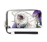 Jubonexis Portefeuille long à deux volets en cuir synthétique avec motif chat blanc et fleurs de pensées violettes, porte-monnaie, porte-monnaie, porte-cartes et argent pour homme et femme