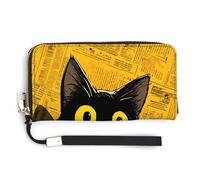 Jubonexis Portefeuille long à deux volets en cuir synthétique avec motif chat noir contre un journal, porte-monnaie, carte de crédit, porte-cartes et argent pour homme et femme