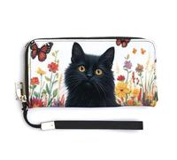 Jubonexis Portefeuille long à deux volets en cuir synthétique avec motif chat noir dans un jardin fleuri, porte-monnaie, carte de crédit, stockage de l'argent pour homme et femme