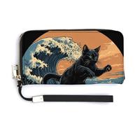 Jubonexis Portefeuille long à deux volets en cuir synthétique avec motif chat noir surfant sur la vague pour pièces de monnaie, carte de crédit, stockage d'argent pour homme et femme