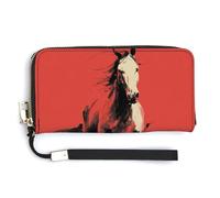 Jubonexis Portefeuille long à deux volets en cuir synthétique avec motif cheval de trot sur fond rouge, porte-monnaie, carte de crédit, stockage de l'argent pour homme et femme
