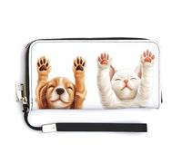 Jubonexis Portefeuille long à deux volets en cuir synthétique avec motif chien mignon et chat blanc, porte-monnaie, porte-monnaie, carte de crédit, stockage d'argent pour homme et femme