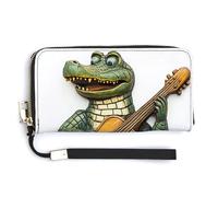 Jubonexis Portefeuille long à deux volets en cuir synthétique avec motif crocodile jouant d'une guitare classique, porte-monnaie, carte de crédit, porte-cartes et argent pour homme et femme