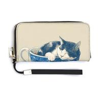 Jubonexis Portefeuille long à deux volets en cuir synthétique avec motif de chat endormi dans une tasse de thé en porcelaine, porte-monnaie, carte de crédit, stockage d'argent durable pour homme et