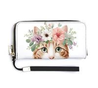 Jubonexis Portefeuille long à deux volets en cuir synthétique avec motif de chats aquarelle avec couronnes florales, porte-monnaie, carte de crédit, porte-cartes et argent pour homme et femme