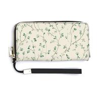 Jubonexis Portefeuille long à deux volets en cuir synthétique avec motif de petites feuilles vert sauge à travers la crème, porte-monnaie, carte de crédit, porte-cartes et argent pour homme et femme