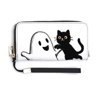Jubonexis Portefeuille long à deux volets en cuir synthétique avec motif fantôme de dessin animé jouant avec un chat noir, porte-monnaie, carte de crédit, rangement de l'argent pour femmes et hommes