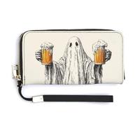 Jubonexis Portefeuille long à deux volets en cuir synthétique avec motif fantôme d'Halloween tenant des bouteilles de bière, porte-monnaie, carte de crédit, porte-cartes et argent pour homme et femme