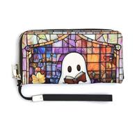 Jubonexis Portefeuille long à deux volets en cuir synthétique avec motif fantôme mignon tenant un livre, une bibliothèque, un porte-monnaie, une carte de crédit, un porte-monnaie, un porte-monnaie, un