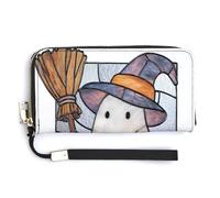 Jubonexis Portefeuille long à deux volets en cuir synthétique avec motif fantôme mignon tenant un vieux balai, porte-monnaie, carte de crédit, porte-monnaie, stockage d'argent pour homme et femme