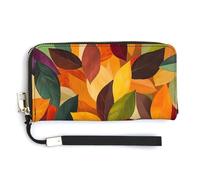 Jubonexis Portefeuille long à deux volets en cuir synthétique avec motif feuilles d'automne, oranges, jaunes, verts discrets, porte-monnaie, porte-monnaie, porte-cartes et argent pour homme et femme